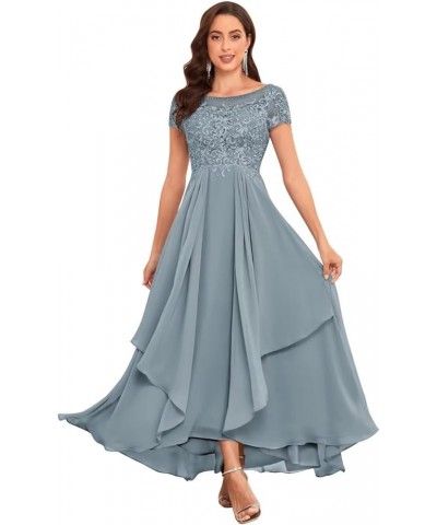 Mother of The Bride Dresses for Wedding Short Sleeve Lace Chiffon Ruched Formal Evening Dress Dusty Blue $36.00 Dresses