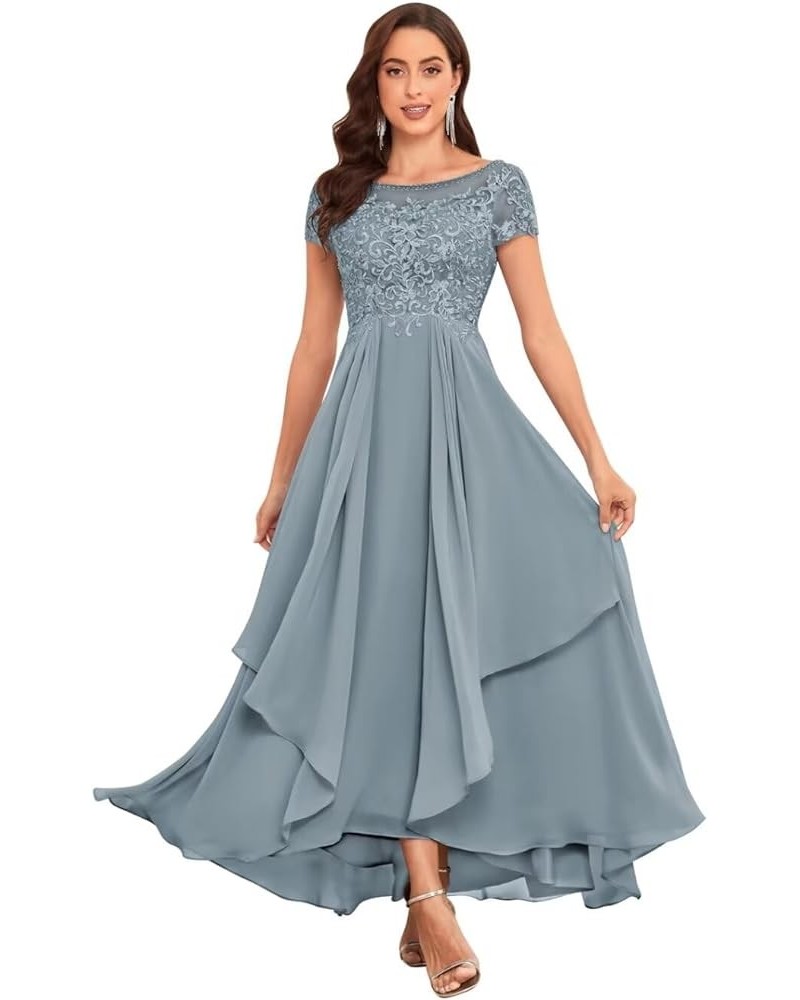 Mother of The Bride Dresses for Wedding Short Sleeve Lace Chiffon Ruched Formal Evening Dress Dusty Blue $36.00 Dresses