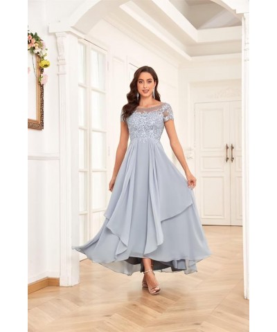 Mother of The Bride Dresses for Wedding Short Sleeve Lace Chiffon Ruched Formal Evening Dress Dusty Blue $36.00 Dresses