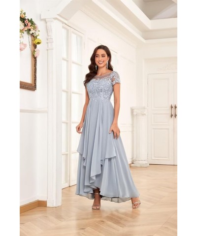 Mother of The Bride Dresses for Wedding Short Sleeve Lace Chiffon Ruched Formal Evening Dress Dusty Blue $36.00 Dresses