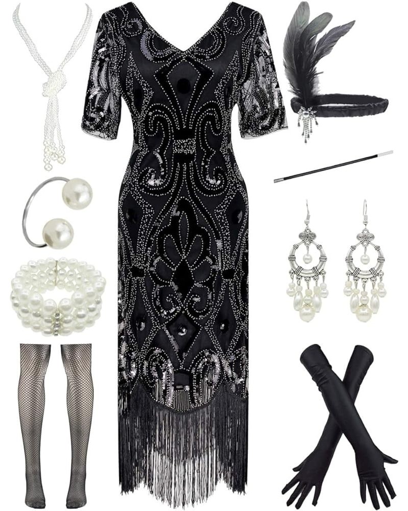 Women 1920s Gatsby Vintage Sequin Flapper Fringe Party Plus Dress With 20s Accessories Set Black Silver $18.35 Dresses