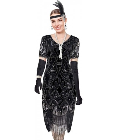 Women 1920s Gatsby Vintage Sequin Flapper Fringe Party Plus Dress With 20s Accessories Set Black Silver $18.35 Dresses