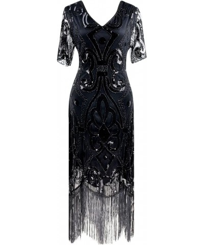 Women 1920s Gatsby Vintage Sequin Flapper Fringe Party Plus Dress With 20s Accessories Set Black Silver $18.35 Dresses