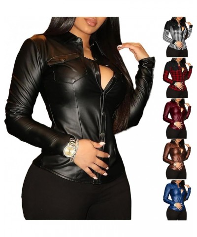 Womens Faux Leather Shits Jackets Sexy Slim Fit Button Long Sleeve with Pocket Pleather Jacket Moto Biker Coat Black $9.35 Coats