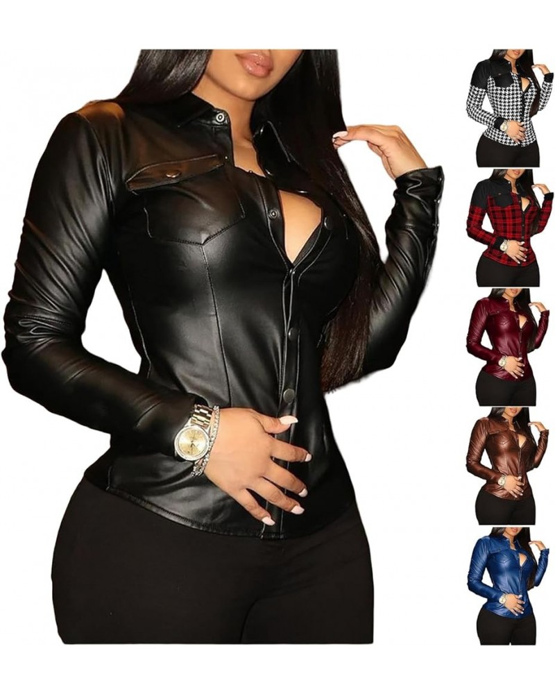 Womens Faux Leather Shits Jackets Sexy Slim Fit Button Long Sleeve with Pocket Pleather Jacket Moto Biker Coat Black $9.35 Coats