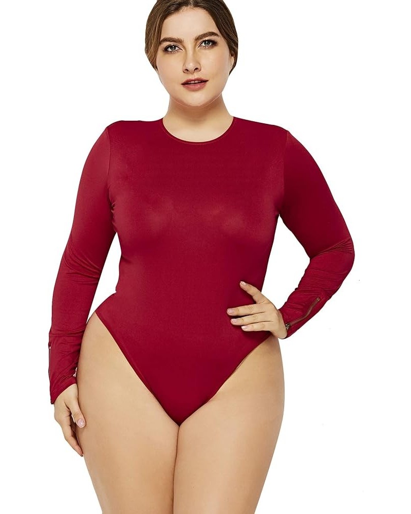 Womens Long Sleeve Slim Fit Bodysuit Soft Round Neck Solid Color Jumpsuit Leotard Top Burgundy $12.95 Bodysuits