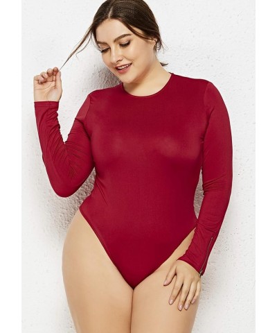 Womens Long Sleeve Slim Fit Bodysuit Soft Round Neck Solid Color Jumpsuit Leotard Top Burgundy $12.95 Bodysuits