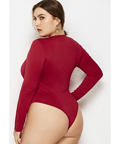 Womens Long Sleeve Slim Fit Bodysuit Soft Round Neck Solid Color Jumpsuit Leotard Top Burgundy $12.95 Bodysuits