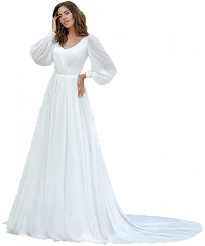 Long Sleeve Lace Wedding Dresses for Bride Satin Ball Gowns Simple V Neck Bridal Gowns for Women O-white $47.70 Dresses