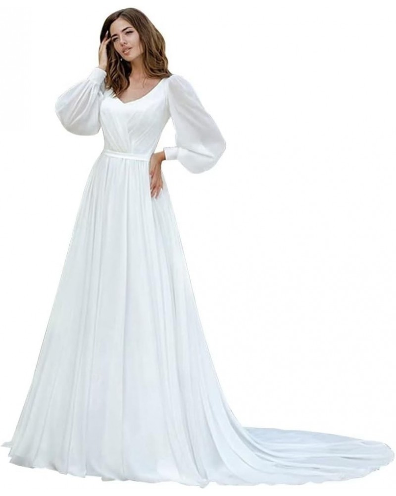 Long Sleeve Lace Wedding Dresses for Bride Satin Ball Gowns Simple V Neck Bridal Gowns for Women O-white $47.70 Dresses