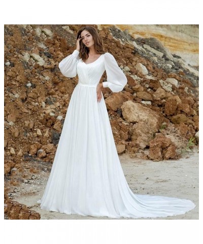 Long Sleeve Lace Wedding Dresses for Bride Satin Ball Gowns Simple V Neck Bridal Gowns for Women O-white $47.70 Dresses