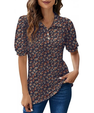 Womens Polo Shirts Button Down Collared Short Sleeve Tops V Neck Loose Blouses Navy Blue Floral $16.11 Shirts