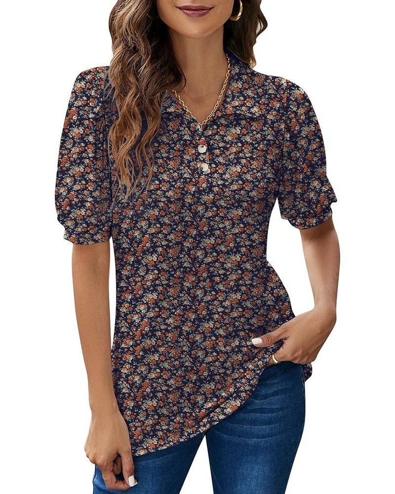 Womens Polo Shirts Button Down Collared Short Sleeve Tops V Neck Loose Blouses Navy Blue Floral $16.11 Shirts