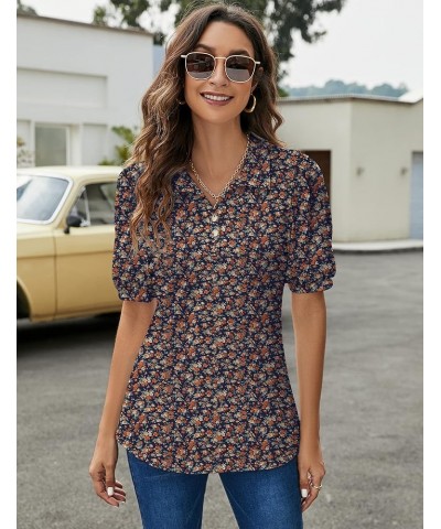 Womens Polo Shirts Button Down Collared Short Sleeve Tops V Neck Loose Blouses Navy Blue Floral $16.11 Shirts