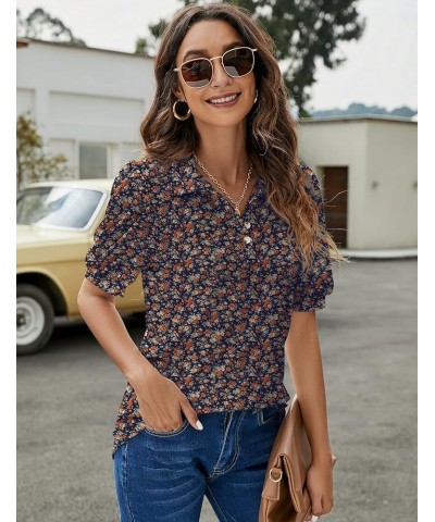 Womens Polo Shirts Button Down Collared Short Sleeve Tops V Neck Loose Blouses Navy Blue Floral $16.11 Shirts