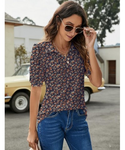 Womens Polo Shirts Button Down Collared Short Sleeve Tops V Neck Loose Blouses Navy Blue Floral $16.11 Shirts