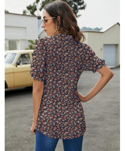 Womens Polo Shirts Button Down Collared Short Sleeve Tops V Neck Loose Blouses Navy Blue Floral $16.11 Shirts