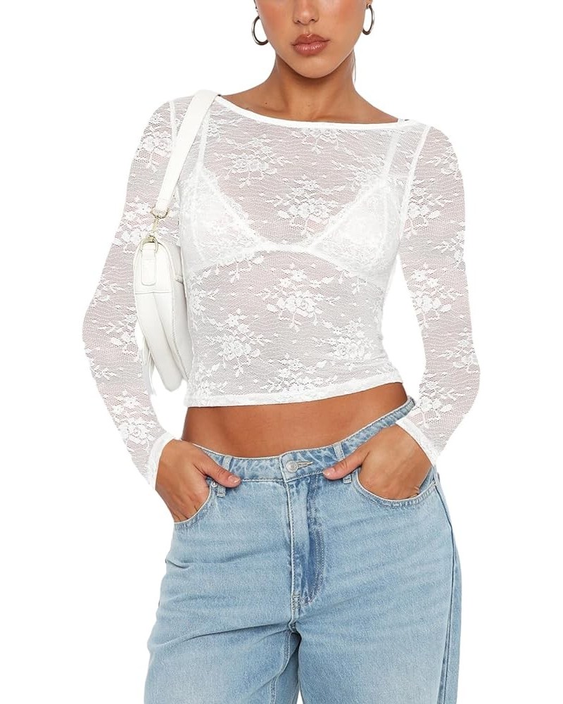 Women Y2k Sheer Lace Long Sleeve Crop Top Sexy Slim Fit Deep V Neck Low Cut See Through T Shirt Going Out Streetwear 01-backl...