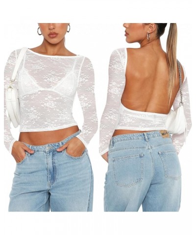 Women Y2k Sheer Lace Long Sleeve Crop Top Sexy Slim Fit Deep V Neck Low Cut See Through T Shirt Going Out Streetwear 01-backl...