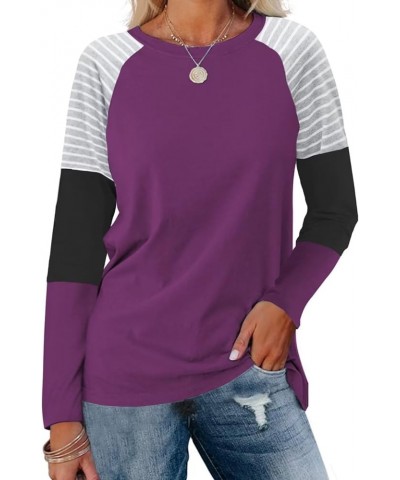 Women's Color Block Tunic Tops Casual Long Sleeve Shirts Round Neck Pullover B Purple $11.79 Tops