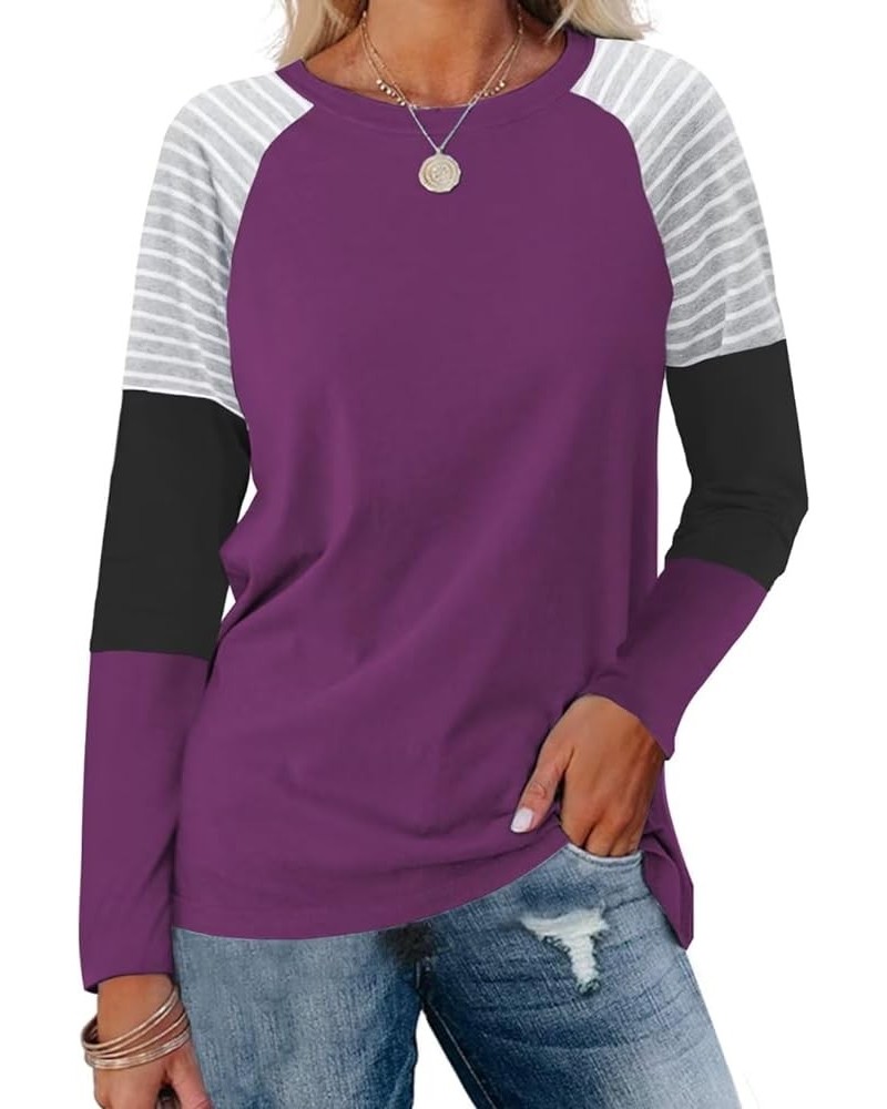 Women's Color Block Tunic Tops Casual Long Sleeve Shirts Round Neck Pullover B Purple $11.79 Tops