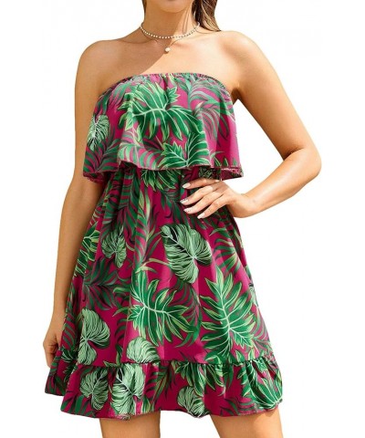 Women's Tropical Print High Rise A-line Ruffle Tube Dress Boho Mini Dress Hot Pink and Green $22.67 Dresses