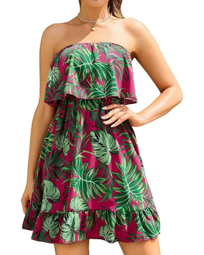 Women's Tropical Print High Rise A-line Ruffle Tube Dress Boho Mini Dress Hot Pink and Green $22.67 Dresses