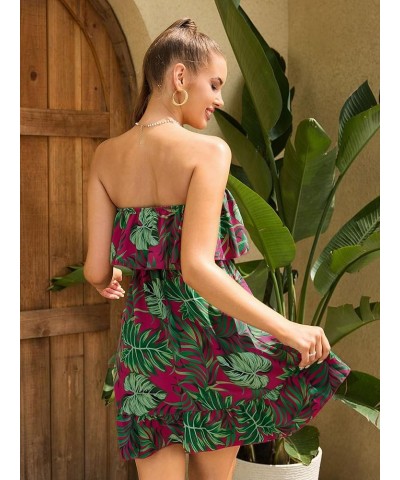 Women's Tropical Print High Rise A-line Ruffle Tube Dress Boho Mini Dress Hot Pink and Green $22.67 Dresses