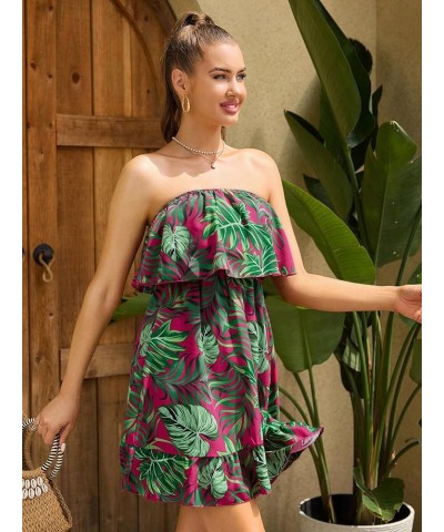 Women's Tropical Print High Rise A-line Ruffle Tube Dress Boho Mini Dress Hot Pink and Green $22.67 Dresses