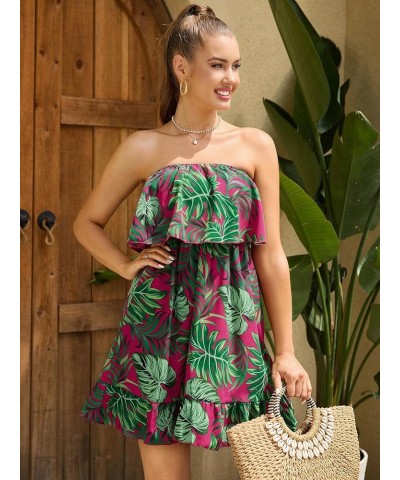 Women's Tropical Print High Rise A-line Ruffle Tube Dress Boho Mini Dress Hot Pink and Green $22.67 Dresses