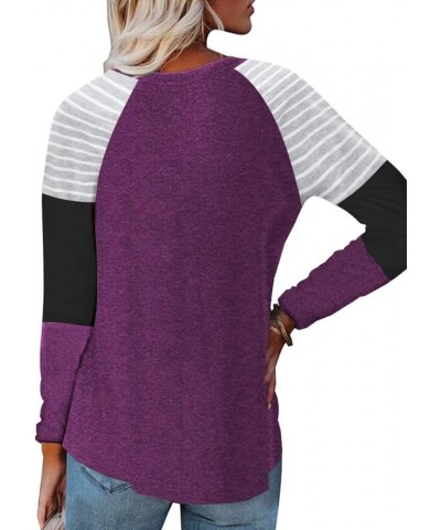 Women's Color Block Tunic Tops Casual Long Sleeve Shirts Round Neck Pullover B Purple $11.79 Tops