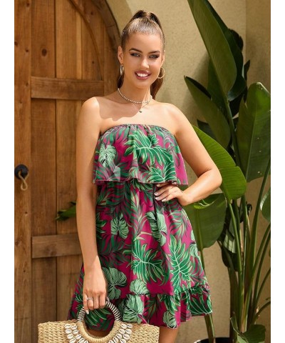 Women's Tropical Print High Rise A-line Ruffle Tube Dress Boho Mini Dress Hot Pink and Green $22.67 Dresses