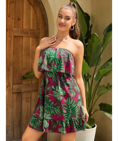 Women's Tropical Print High Rise A-line Ruffle Tube Dress Boho Mini Dress Hot Pink and Green $22.67 Dresses