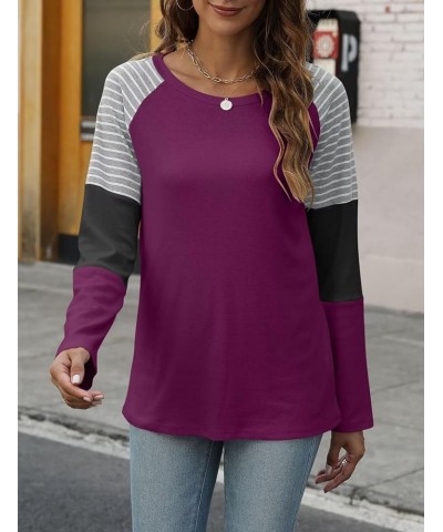 Women's Color Block Tunic Tops Casual Long Sleeve Shirts Round Neck Pullover B Purple $11.79 Tops