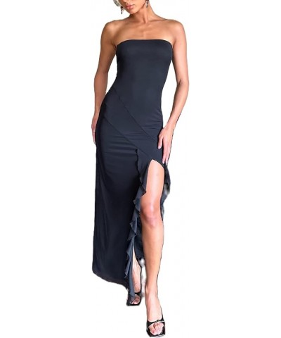 Sexy Tube Maxi Dres for Women Irregular Tassel Strapless Long Dress Ruffle Hem High Split Midi Dress Party C Black $15.32 Dre...