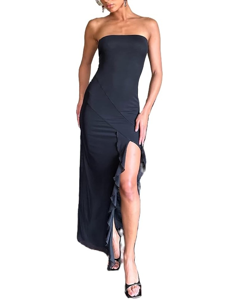 Sexy Tube Maxi Dres for Women Irregular Tassel Strapless Long Dress Ruffle Hem High Split Midi Dress Party C Black $15.32 Dre...