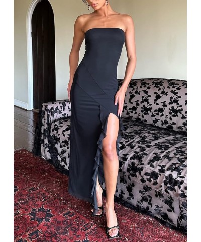 Sexy Tube Maxi Dres for Women Irregular Tassel Strapless Long Dress Ruffle Hem High Split Midi Dress Party C Black $15.32 Dre...