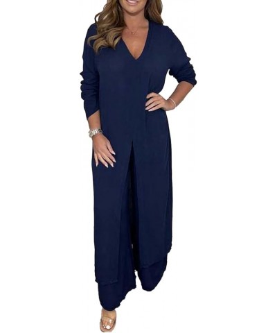 Women's Cotton Linen 2 Piece for Beach Vacation Plus Size Linen Sets Casual Loose Long Sleeve Tops and Wide Leg Pants Navy Bl...