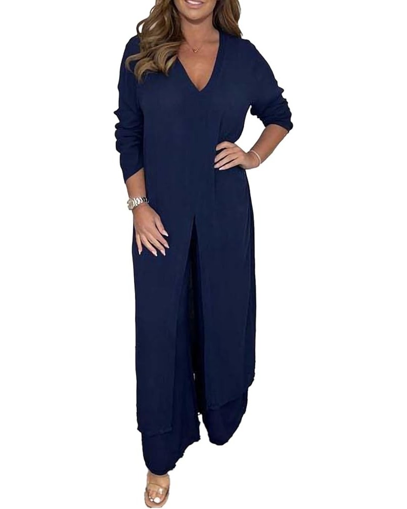 Women's Cotton Linen 2 Piece for Beach Vacation Plus Size Linen Sets Casual Loose Long Sleeve Tops and Wide Leg Pants Navy Bl...