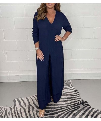 Women's Cotton Linen 2 Piece for Beach Vacation Plus Size Linen Sets Casual Loose Long Sleeve Tops and Wide Leg Pants Navy Bl...