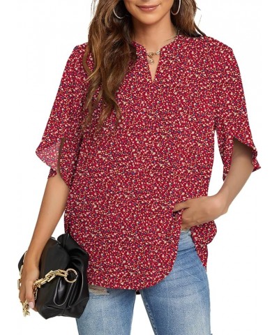 Women's Summer Tops Short Sleeve Casual Shirts V Neck Chiffon Dressy Blouse Tops 05_red Rose $14.69 Blouses