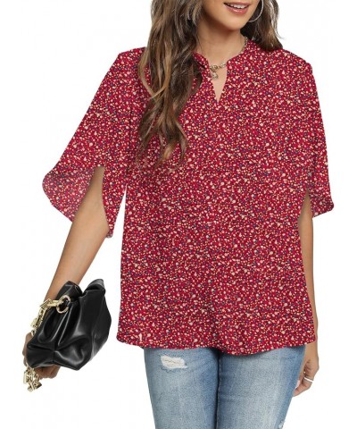 Women's Summer Tops Short Sleeve Casual Shirts V Neck Chiffon Dressy Blouse Tops 05_red Rose $14.69 Blouses