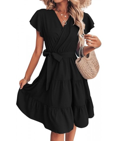 Women's Cap Short Sleeve V Neck Wrap Ruffle A Line Swing Belted Short Dress Black $22.05 Dresses