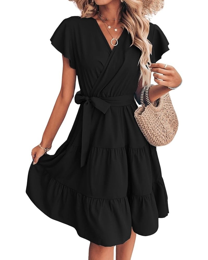 Women's Cap Short Sleeve V Neck Wrap Ruffle A Line Swing Belted Short Dress Black $22.05 Dresses