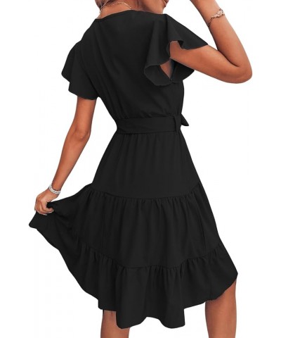 Women's Cap Short Sleeve V Neck Wrap Ruffle A Line Swing Belted Short Dress Black $22.05 Dresses