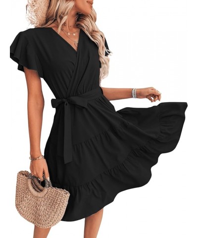 Women's Cap Short Sleeve V Neck Wrap Ruffle A Line Swing Belted Short Dress Black $22.05 Dresses