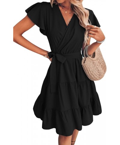 Women's Cap Short Sleeve V Neck Wrap Ruffle A Line Swing Belted Short Dress Black $22.05 Dresses