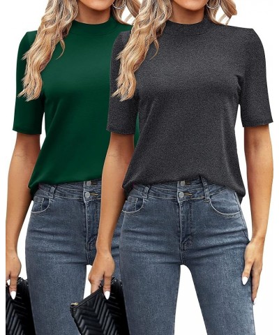 2 Pack Women's Business Casual Tops, Mock Neck Shirts Half Short Sleeve Turtleneck Tops Quarter Sleeve Dressy Blouses Green/D...