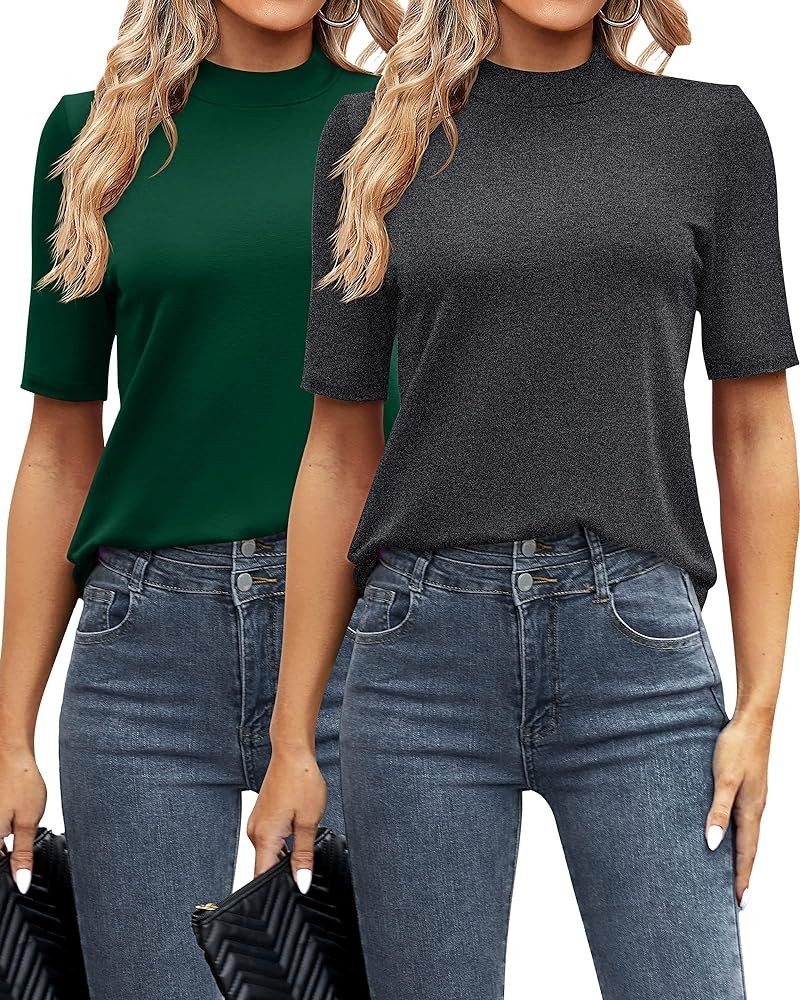 2 Pack Women's Business Casual Tops, Mock Neck Shirts Half Short Sleeve Turtleneck Tops Quarter Sleeve Dressy Blouses Green/D...