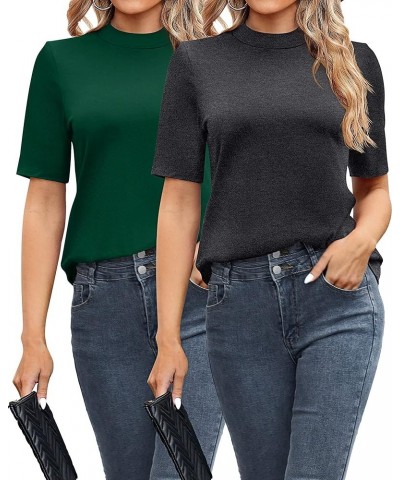 2 Pack Women's Business Casual Tops, Mock Neck Shirts Half Short Sleeve Turtleneck Tops Quarter Sleeve Dressy Blouses Green/D...